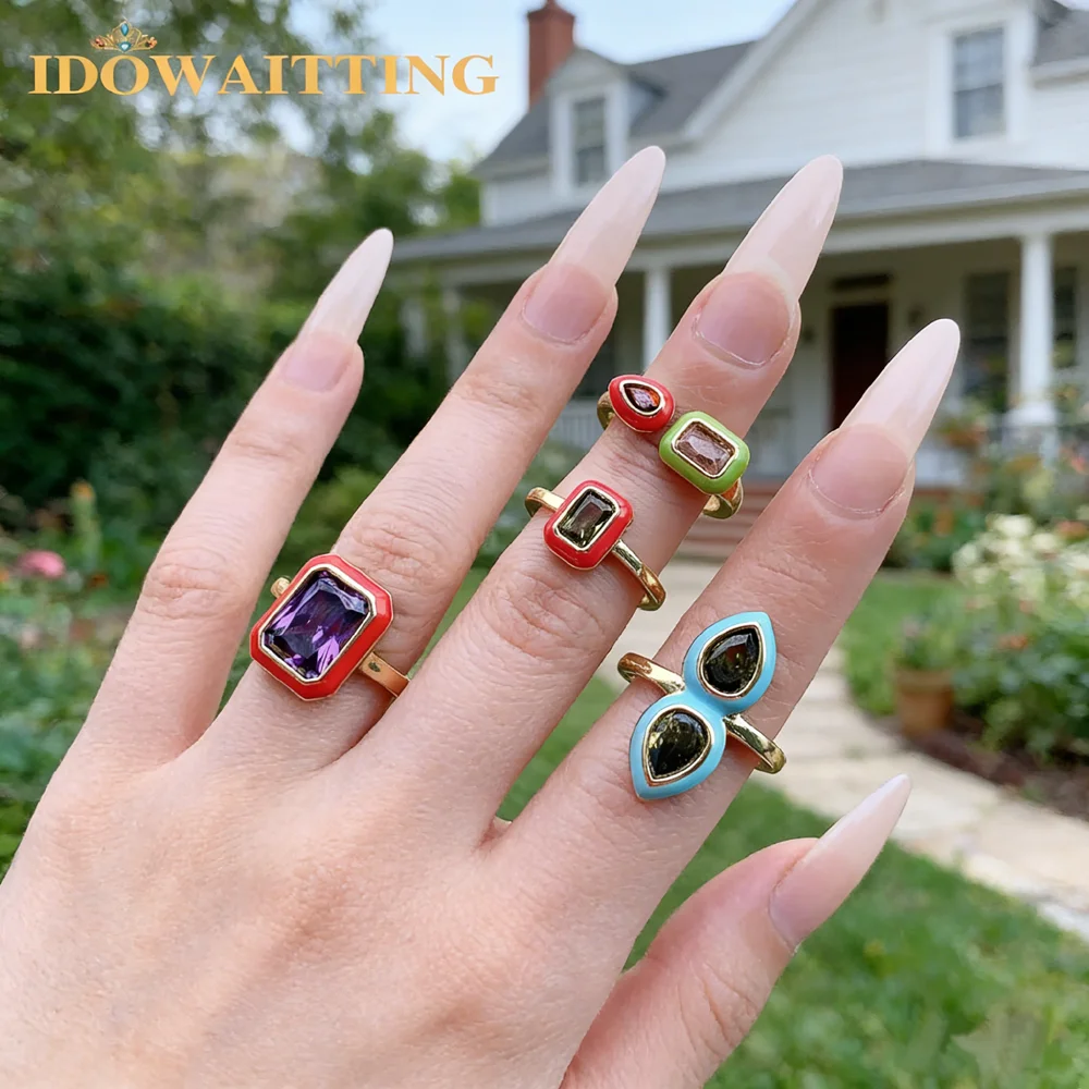 Geometric Pastel Enamel Bezel Band Rectangle 5A Cubic Zirconia CZ Sparking Engagement Band Ring for Women Fashion Jewelry