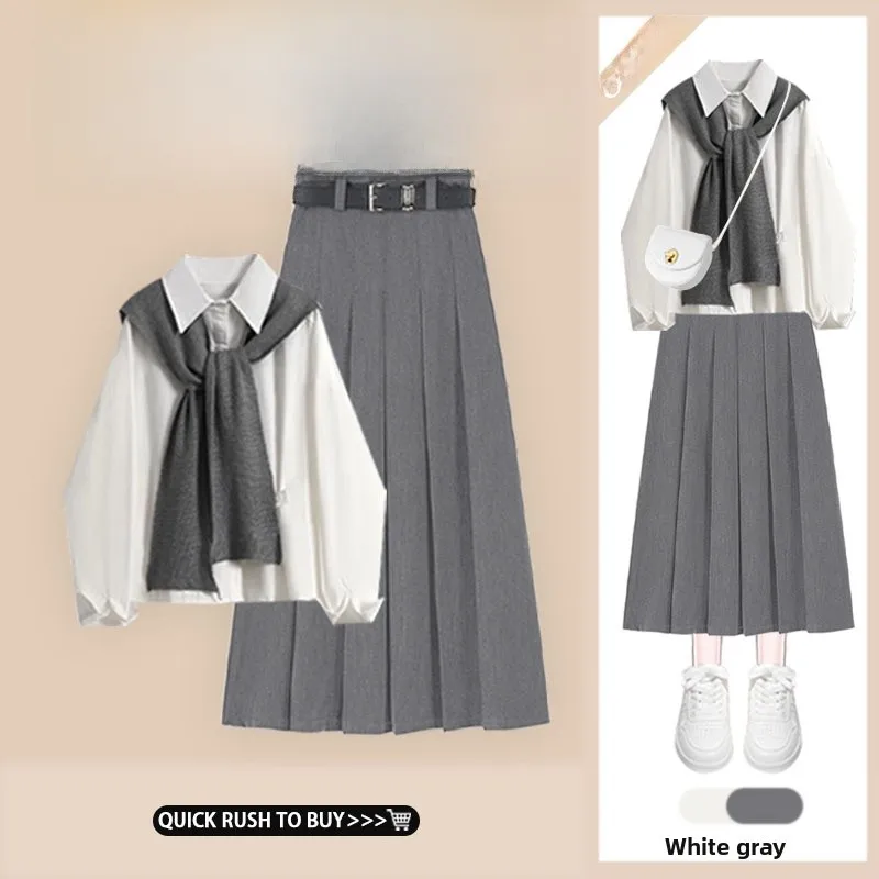 

Preppy Style Slimming Two-Piece Set High Waist Skirt Shirt Top with Shawl College Fashion Autumn Collection 2024