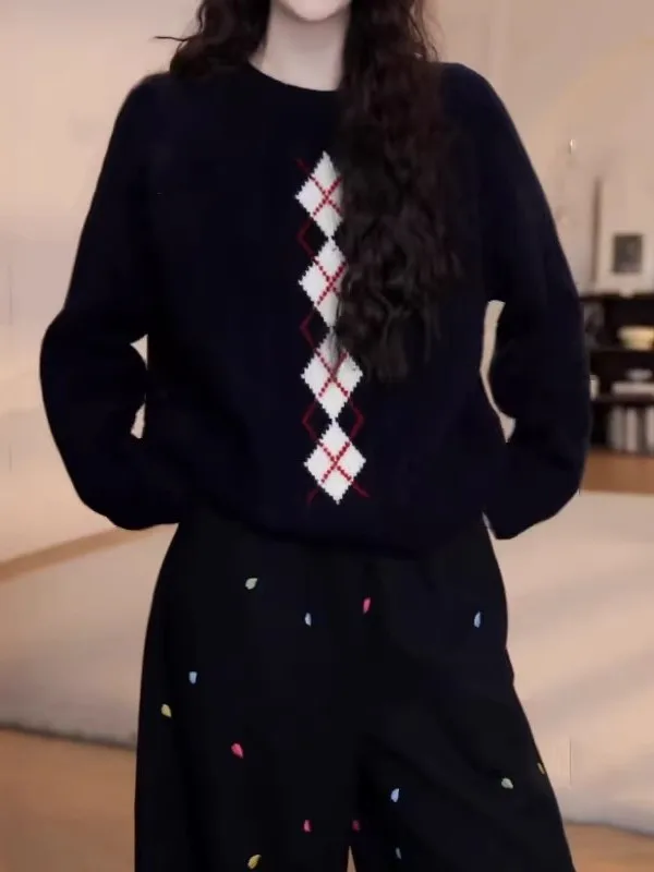 

Свободный крой, с ромбовидным узором, синий трикотажный джемпер для женщин, новинка весны, большие размеры, удобный топ, европейский стиль, высокая мода