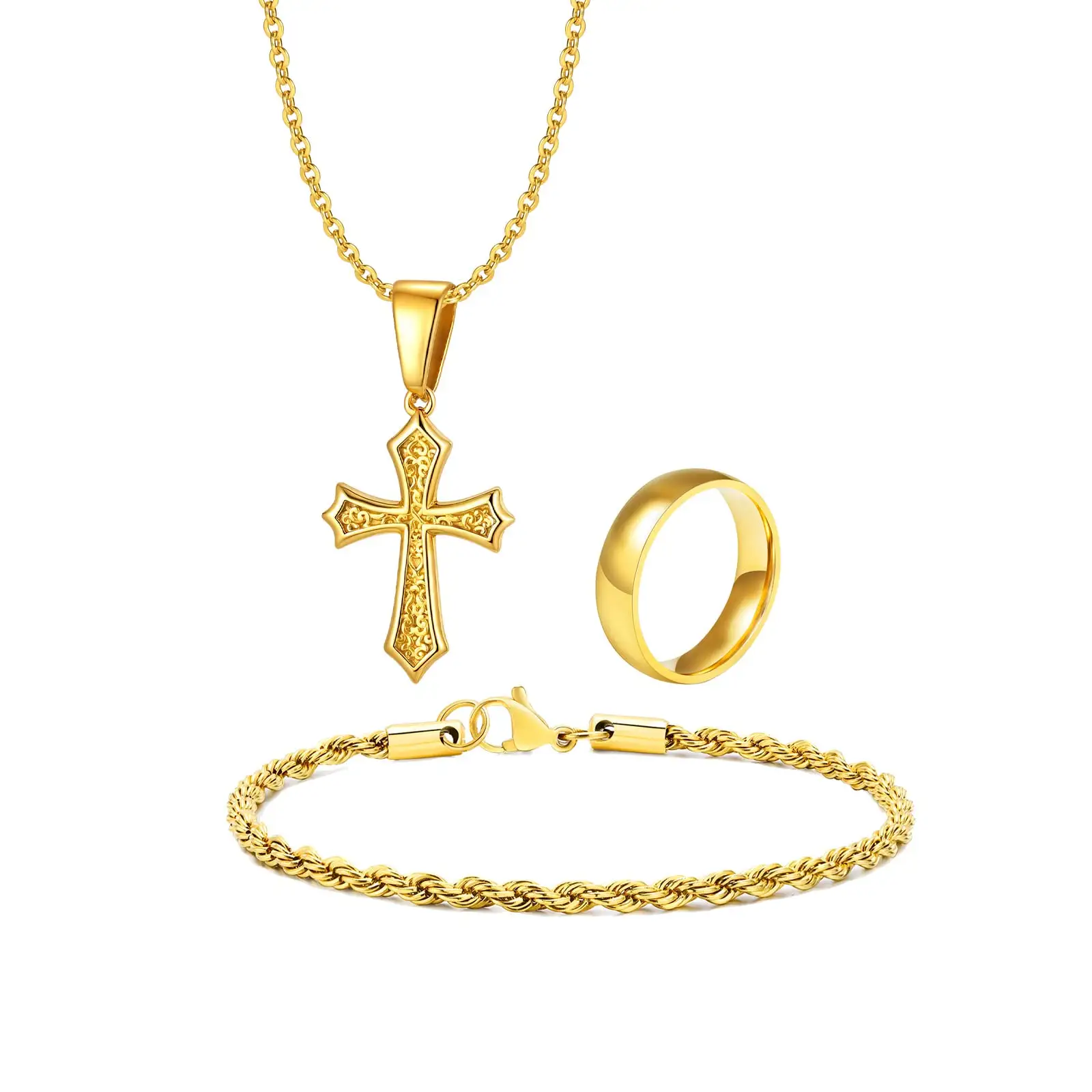 3pcs Stainless Steel Jewelry Set For Women Men, Trendy Cross Necklace Twist Chain Bracelet Smooth Rings, Punk Jewelry Gifts