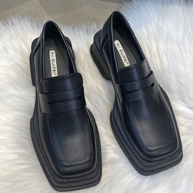 Bf Style Square Toe Loafers Women 2023 Spring Patent Leather Platform Pumps Woman Slip On Thick Heels Oxford Shoes Jk Shoes