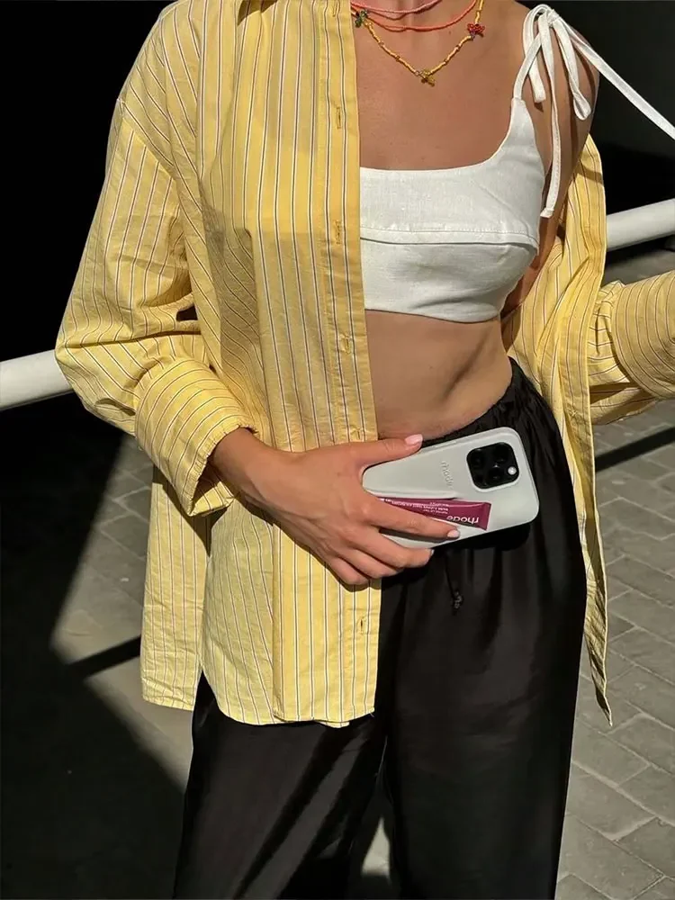 

Повседневные женские желтые полосатые рубашки с длинными рукавами, свободные однобортные блузки, весна 202, базовые женские новые топы