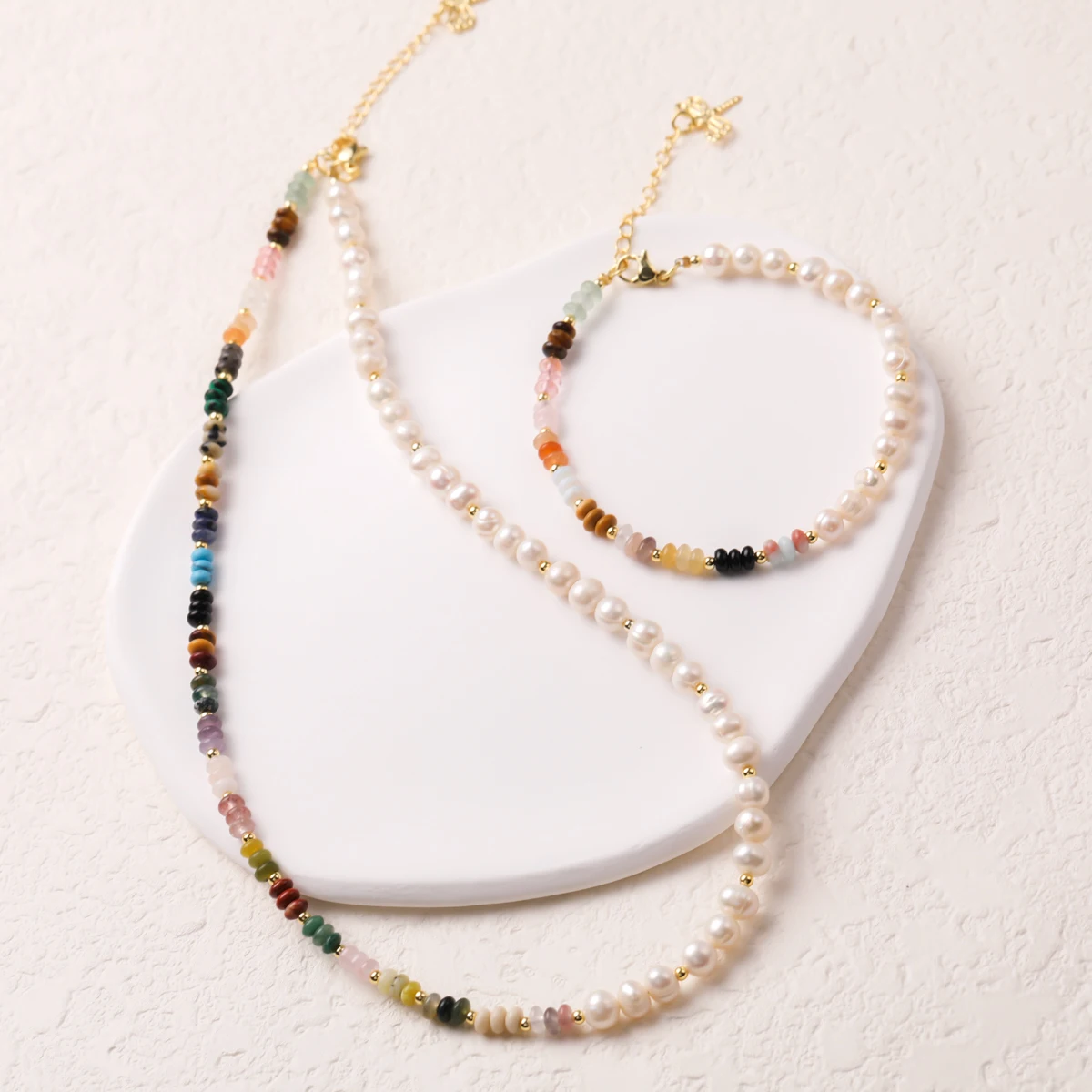 Accept Customization Boho Candy Colors Genuine Natural Stone Freshwater Pearl Jewelry Sets Necklace Bracelets for Women Gift image 3