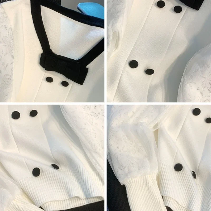 Pull patchwork à manches longues pour femmes, pulls chauds, doux, chic, tout match, bouton en Y, nœud en maille, mode printemps et automne