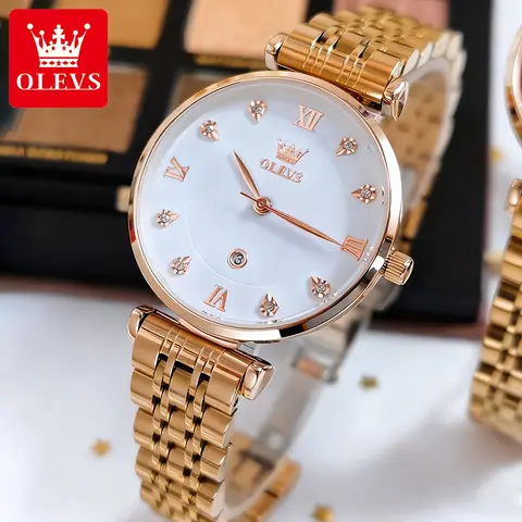 OLEVS Women's Watches Luxury Fashion Rose Gold Fine Steel Original Brand Quartz Wristwatch for Lady Waterproof Date Trend Dress