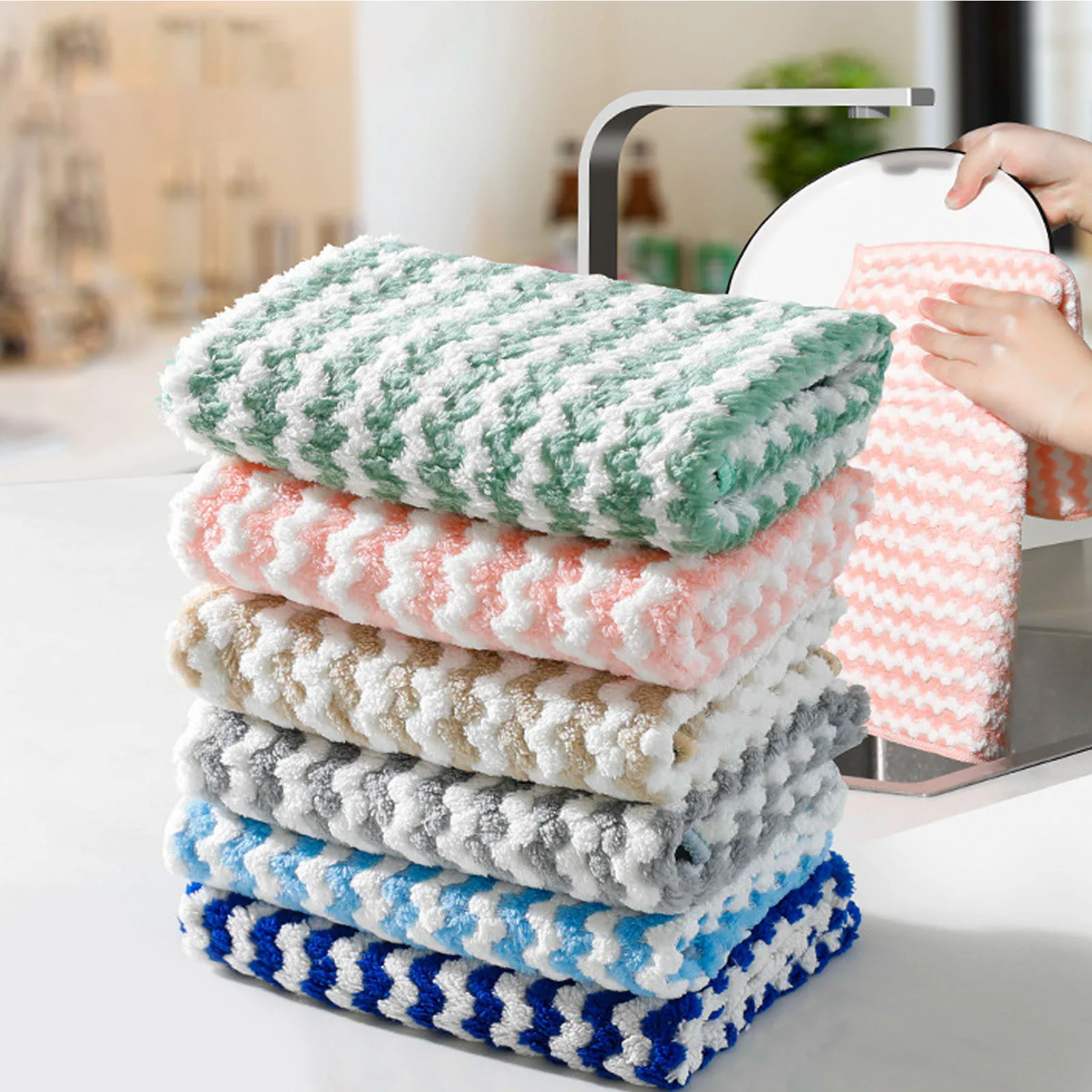 5pcs Stripes Dish Cloths Kitchen Dish Towels Washable Reusable Cleaning Cloths Hand Towels Super Absorbent For Kitchen Bathroom