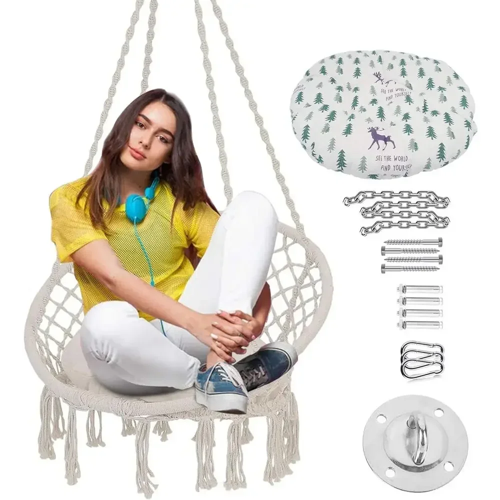 Max 330 Lbs Capacity Hammock Chair with Cushion and Hanging Kit - Indoor/Outdoor Swing Chair for Bedroom or Garden (Beige)