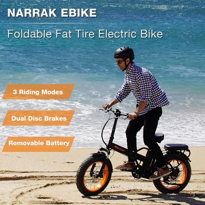 

NARRAK Fat Tire Folding Electric Bike 48V 624Wh Removable Battery Peak 1100W Brushless Motor 20MPH Max Speed Ebike