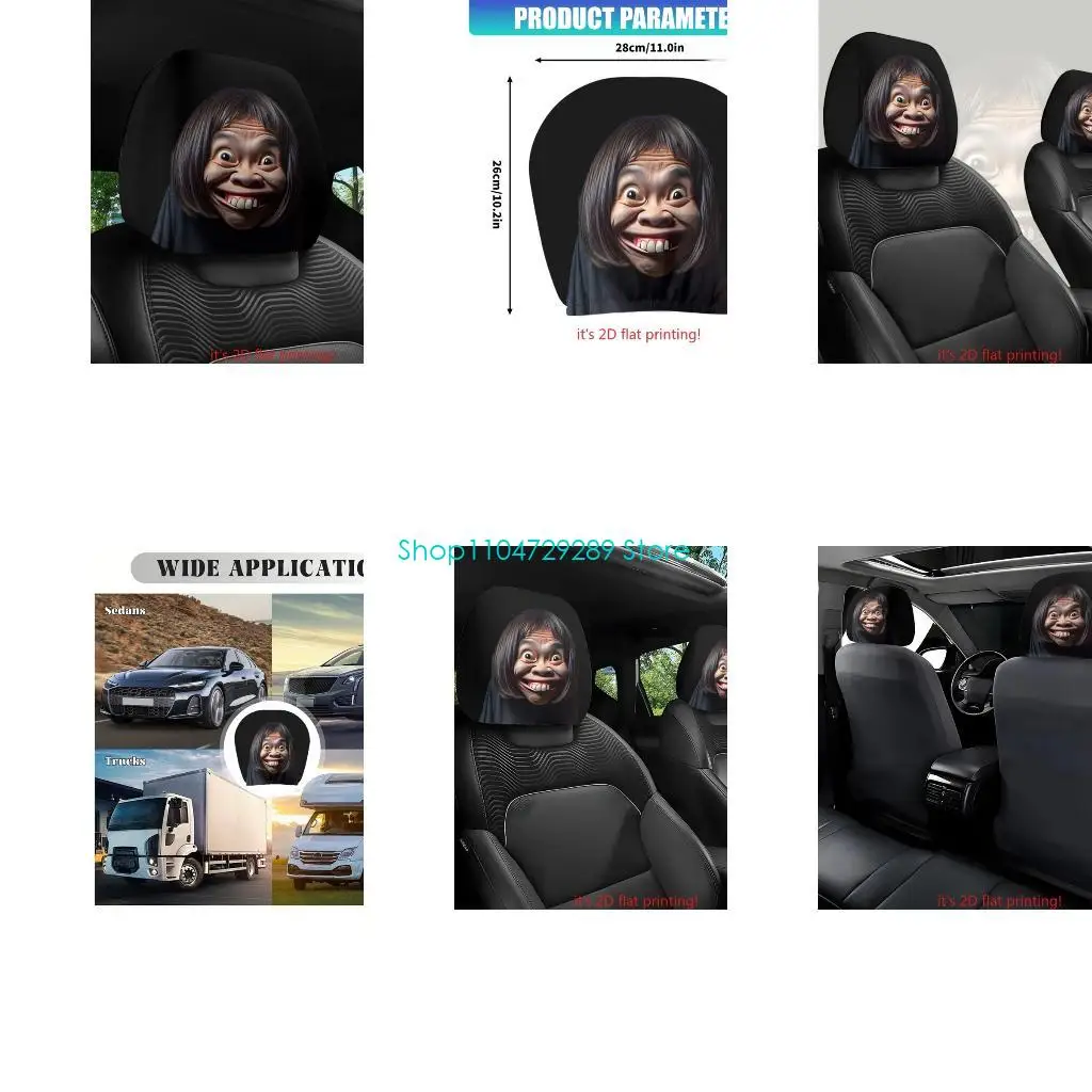 D8KE Funny Face Car Headrest Covers High Elasticity Polyester Fabric Case Quick Install Perfect for Personalizes Decoration