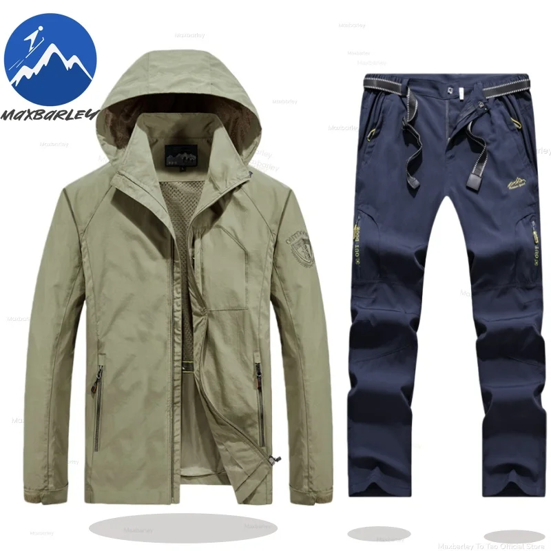 

Maxbarley Autumn 2 Piece Men Waterproof Windproof Fishing Suit Set Thin Hooded Jacket+Pants Breathable Quick Dry Sports Clothes