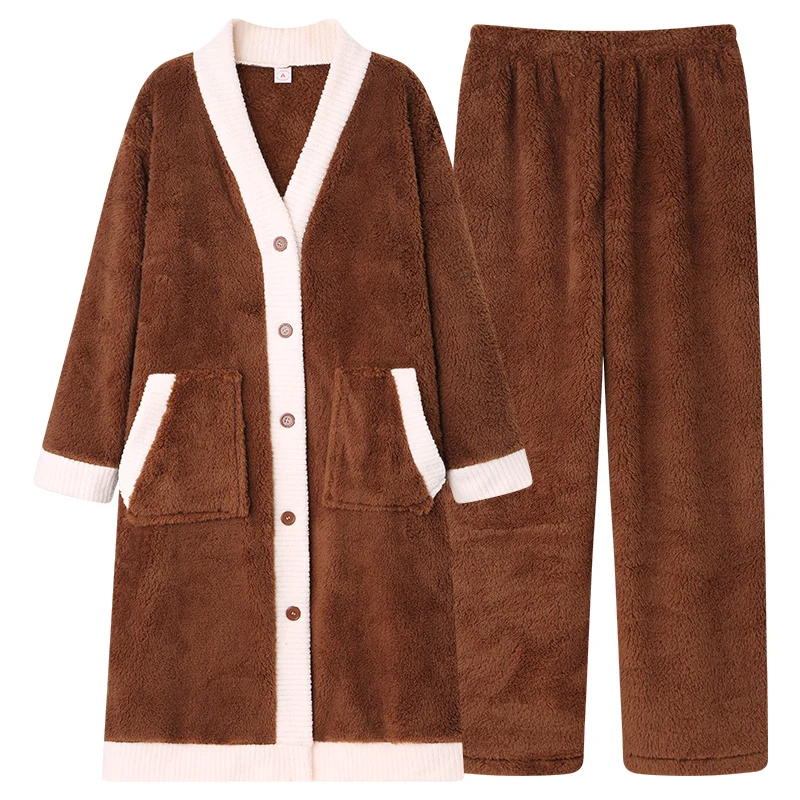 

High Quality Robe +Pant Winter Thick Warm Women Flannel Pajamas Set Solid Homewear Female Nighty