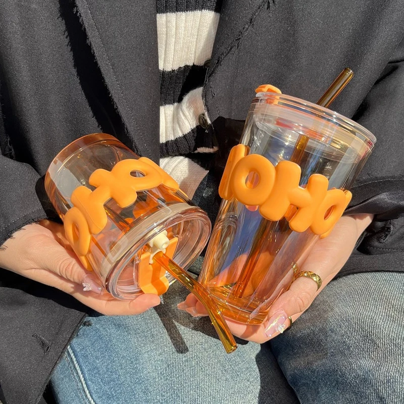 350/450ml Portable Juice Cup Stainless Steel Thermal Glasses Reusable Glass With Lid and Straw Kawaii Cups Cute Mug Drinkware