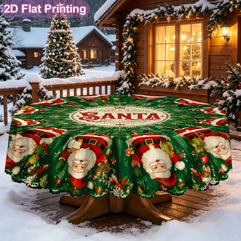 2D flat single piece multi-color Santa round printed round table cloth - holiday table cover