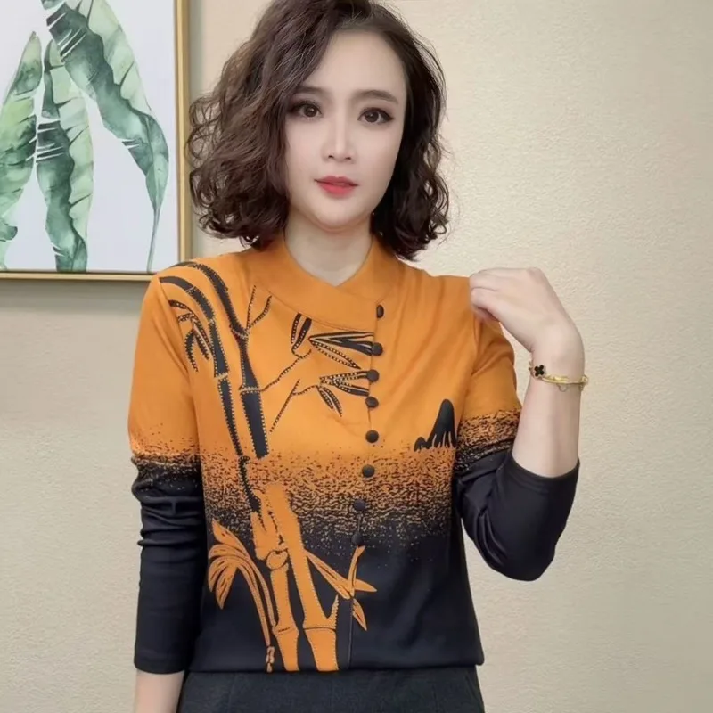 

Fashionable Bamboo Leaf Printed Velvet Top Women's Autumn and Winter New Temperament Diagonal Button Bottoming Shirt