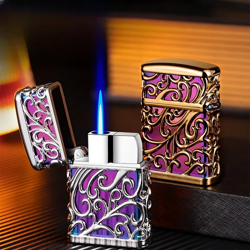 

2023 Hot Selling Metal Outdoor Windproof Butane Gas Lighter Blue Flame Torch Inflatable Lighter 3D Floral Pattern Cigarette Set