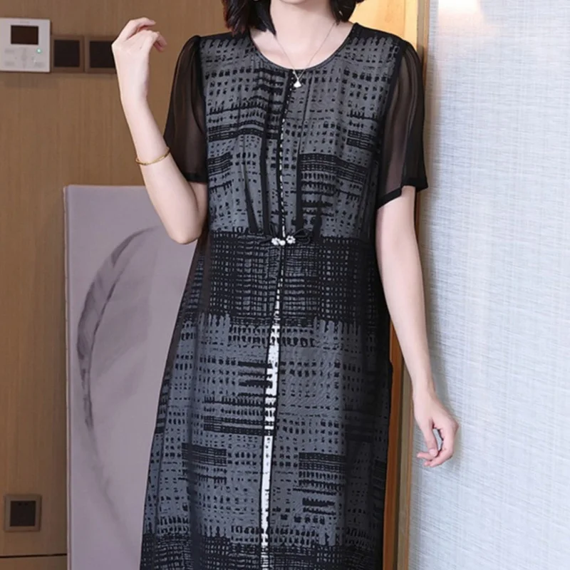 Vintage Intellectual Solid Pullovers Women\'s Clothing Summer Short Sleeve Straight Midi Dress Ladies Loose Net Yarn Dresses