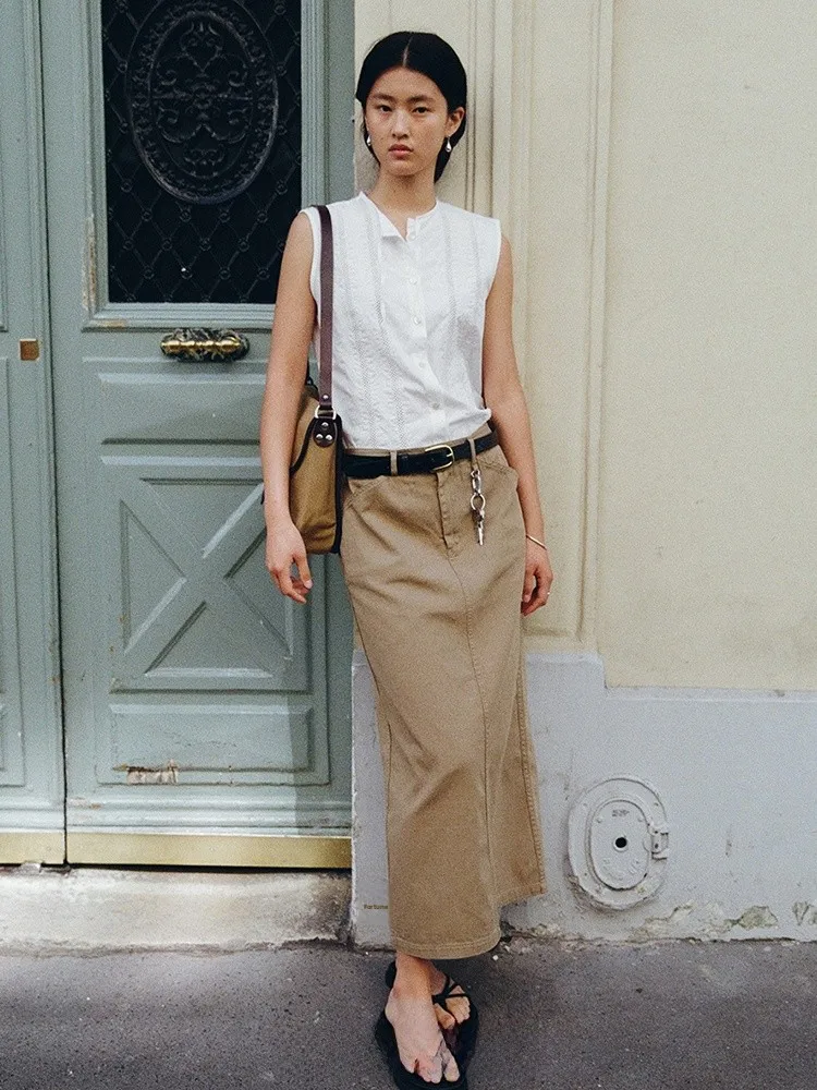 Casual Knee-Length Straight Skirt Women's Workwear Sle High Waist Cotton Fabric Wear Resistant No  Ba Zipper
