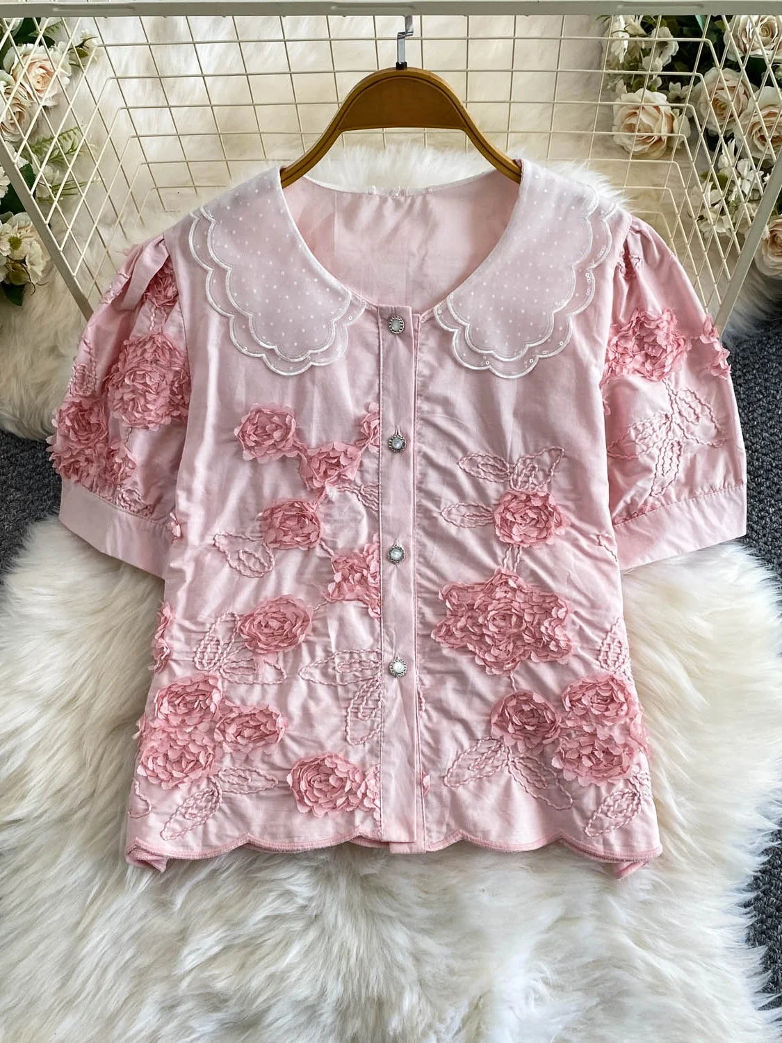 

Retro Sweet Cute Reducing Age Doll Collar Bubble Sleeve Shirt Women Summer Heavy Work 3D Flower Top Korean Style Commute Wind