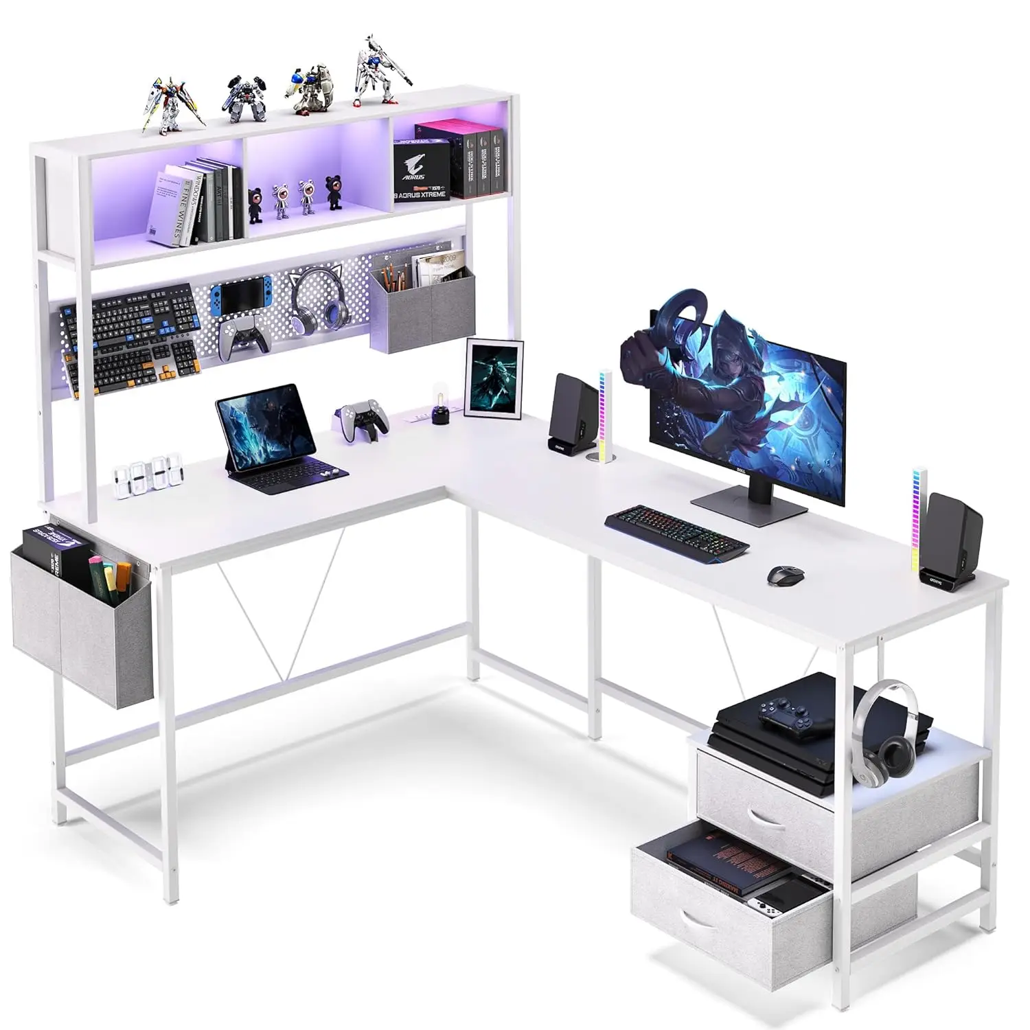 

67" L-Shaped Gaming Desk Pegboard Drawers Power Outlets Reversible Corner Hutch Home Office White Customized