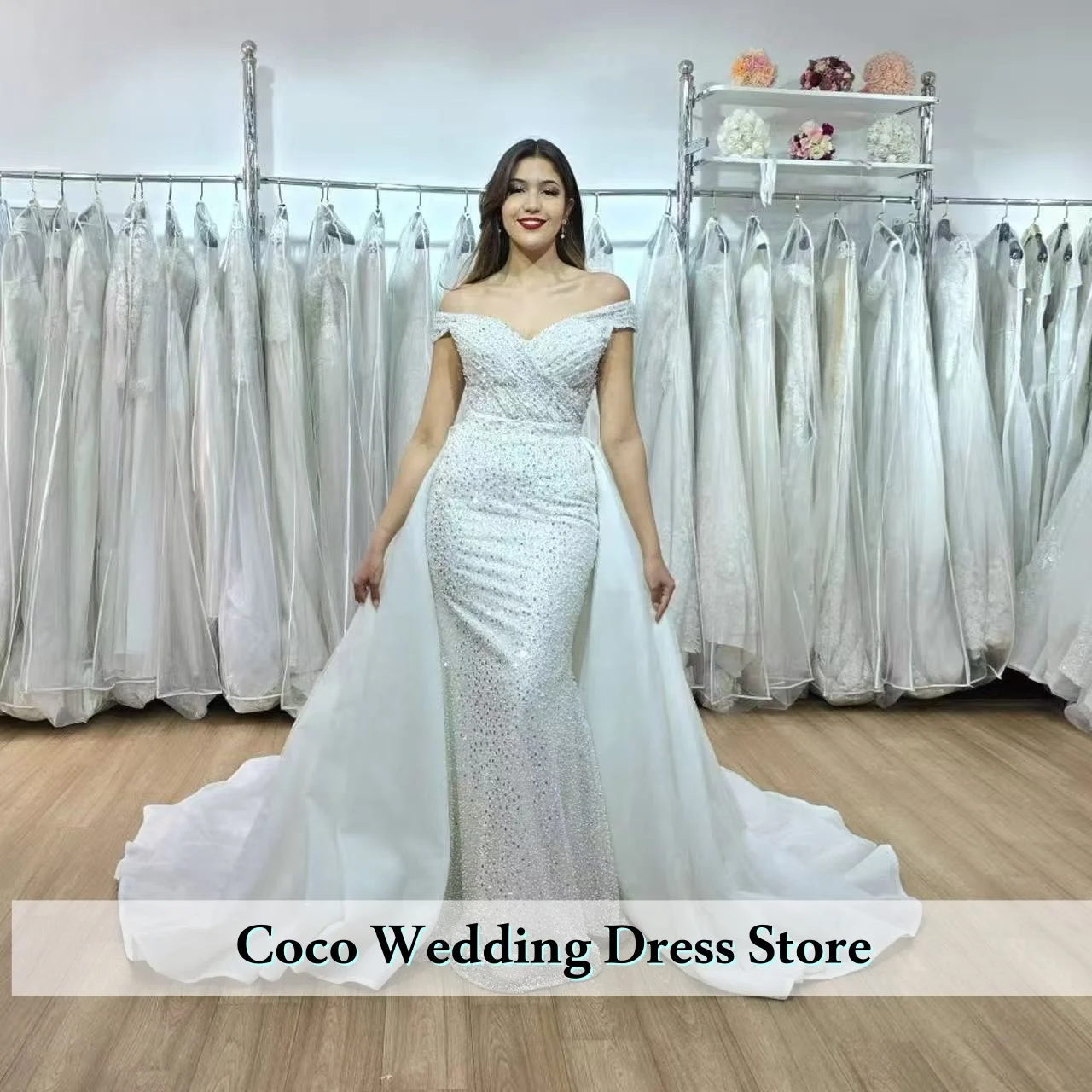 Personalizado lindo africano sexy sereia vestido de casamento para noiva trem destacável pérolas contas vestido de noiva vestidos de novia