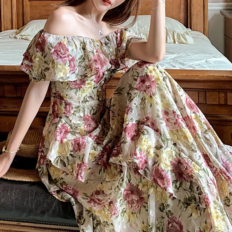 French Elegant 2000s Vintage Dress Women Floral Floor-Length Sexy Wedding Party Long Boho Dress Beach Style 2024 Summer Y2k Chic