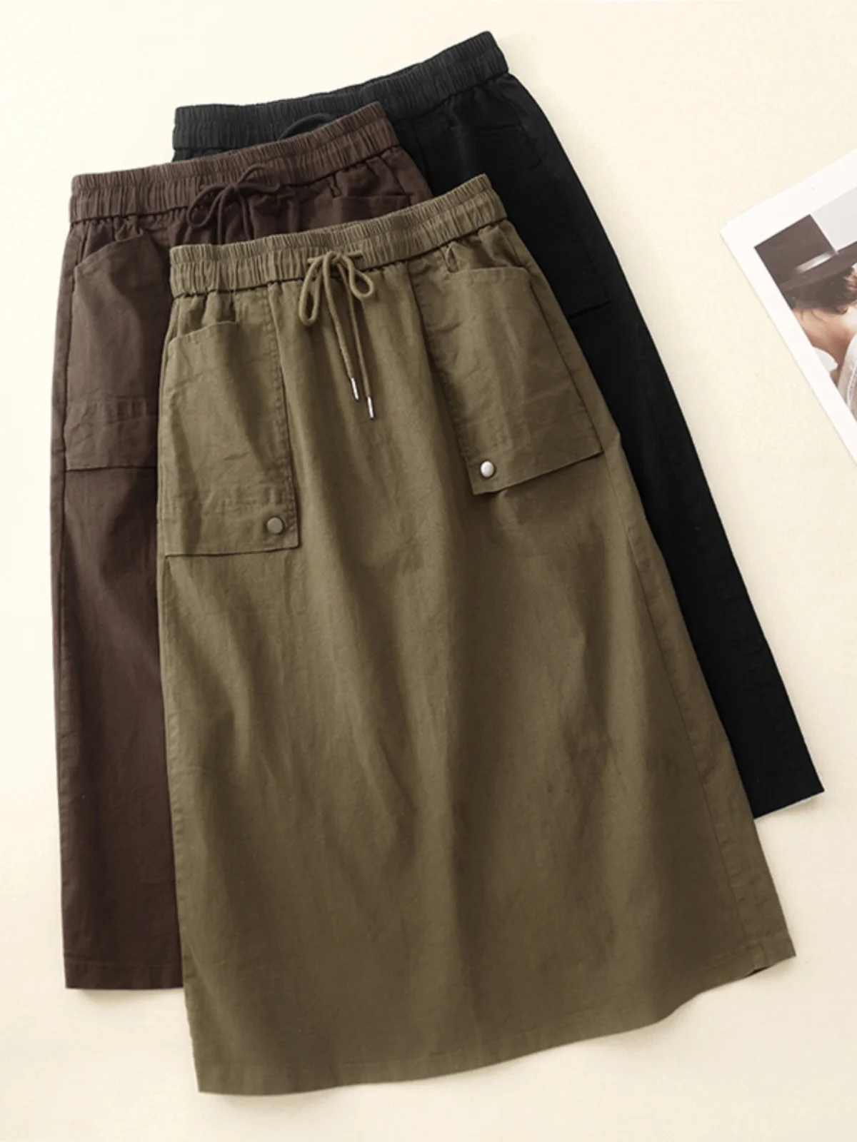 

Cotton Linen Half-length Skirt Women's Autumn Design Loose Elastic Waist Drawstring Split Straight-leg Skirt Fashionable Commute