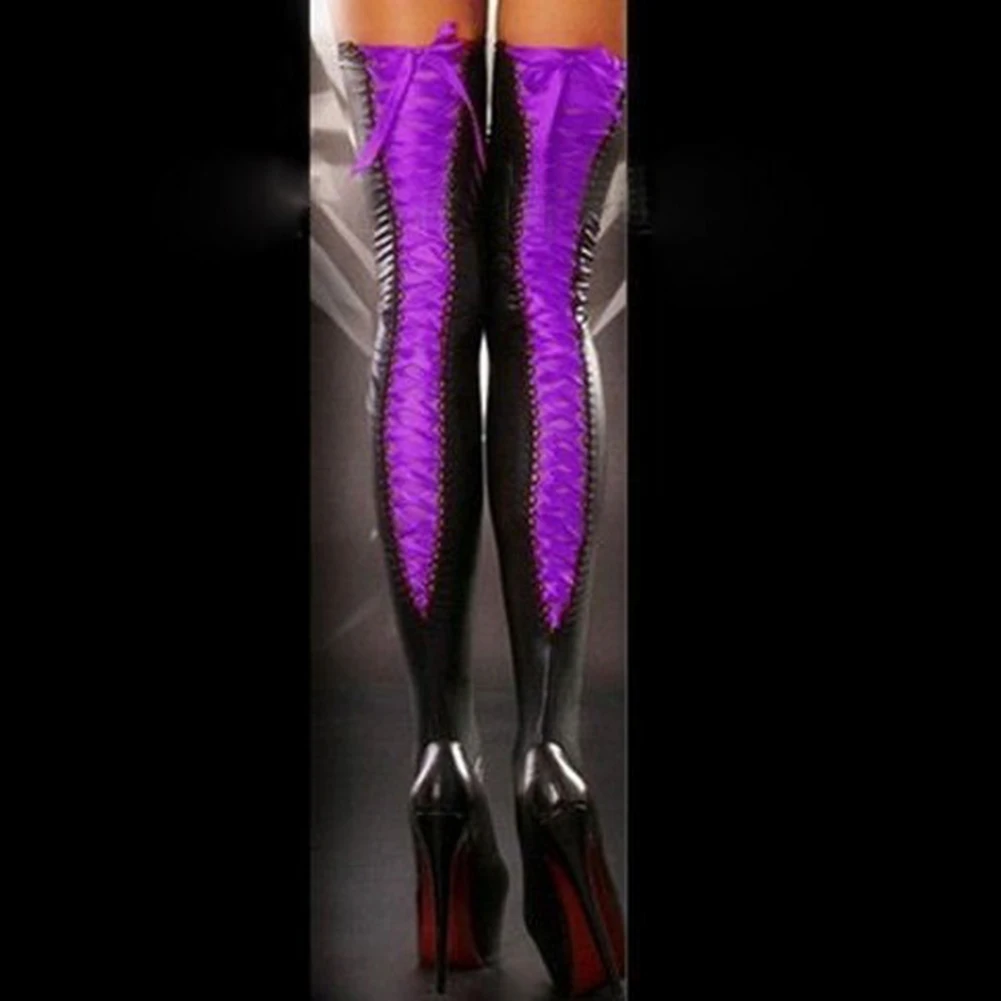 Sexy clube feminino confortável coxa-alta meias de couro laço arco meias longas sexy bodys lingerie mulher sexy calcinha transparente