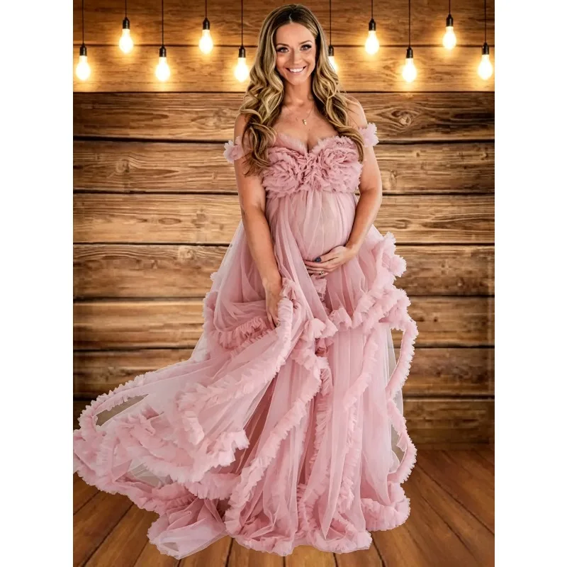 Dusty Pink Tulle Maternity Photoshoot Dress,  Ruffle High Slit Gown, Adjustable Back Lace Up Pregnancy Maxi dresses baby shower