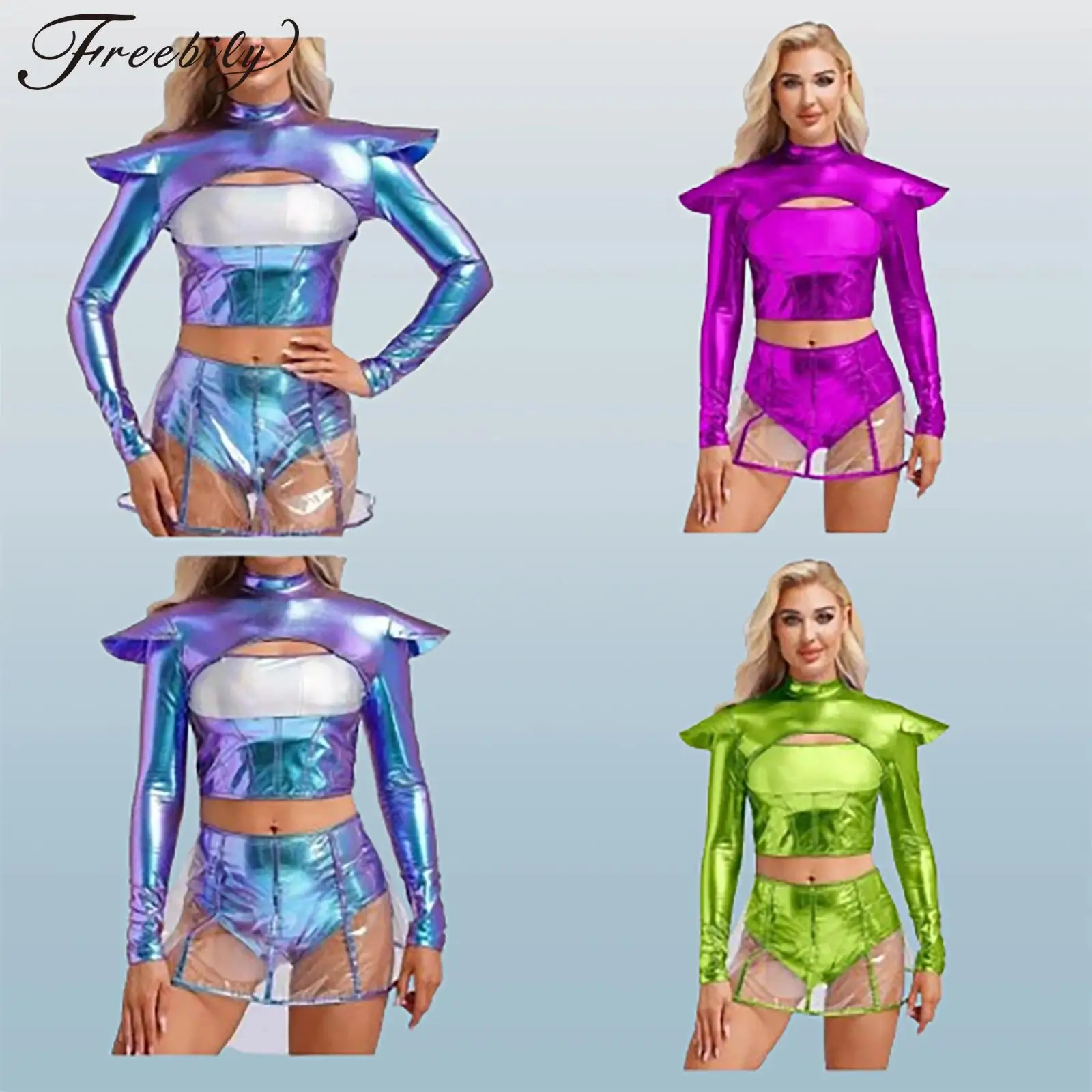 

Women Role Play Alien Costume Astronaut Long Sleeve Outerspace Costume Outfits Top with Transparent Skirt Halloween Dress Up