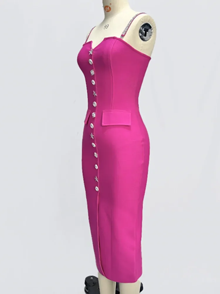 ผู้หญิงคนดังเซ็กซี่VคอBacklessปุ่มสีชมพูร้อนMidi Bodycon Bandage Dress 2024 Elegant Evening Club Partyชุด