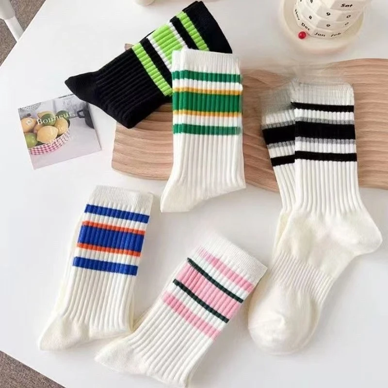 

5 pairs Fashionable versatile women's tube socks thin spring autumn striped casual comfortable sports calf long socks