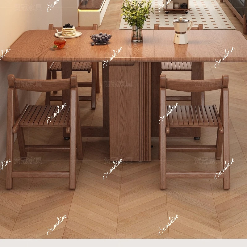 Solid wood foldable dining table and chairs for small household apartments telescopic rectangular folding Save space