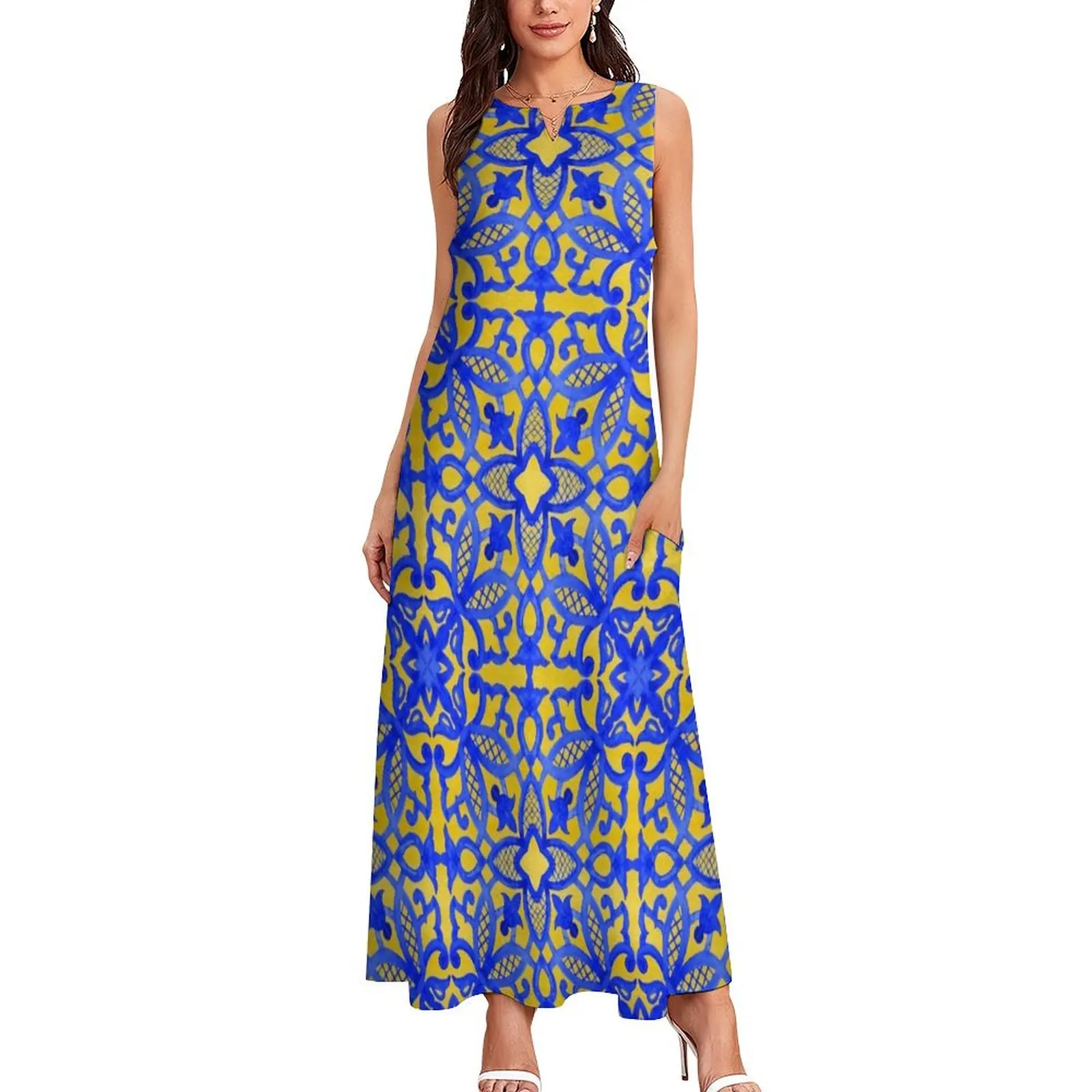 Portuguese azulejo tiles. Long Dress women dress dress party night Women's evening