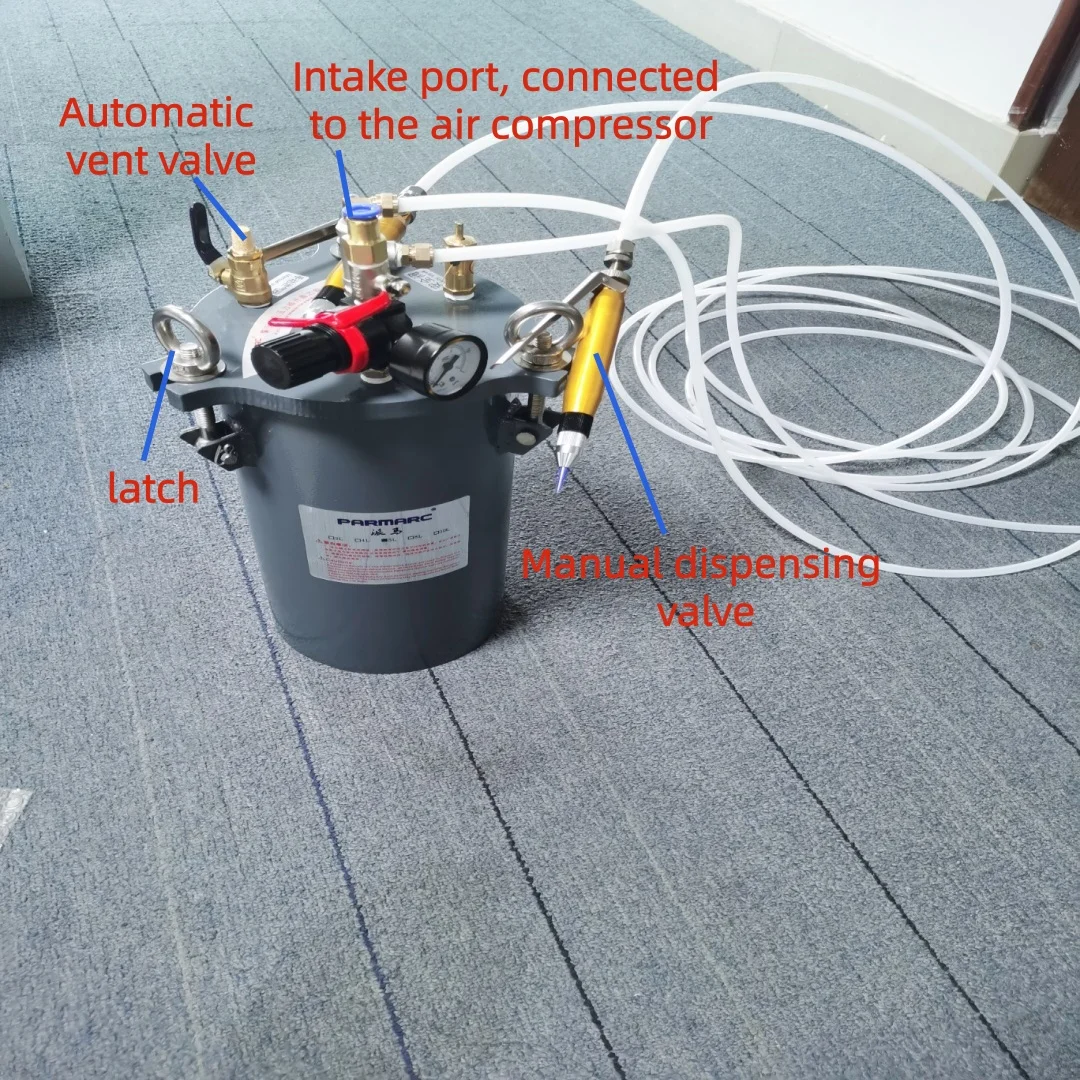 5L pressure tank equipped with manual dispensing valve for glue application. Comes with a 5-meter oil pipe. dispensing valve