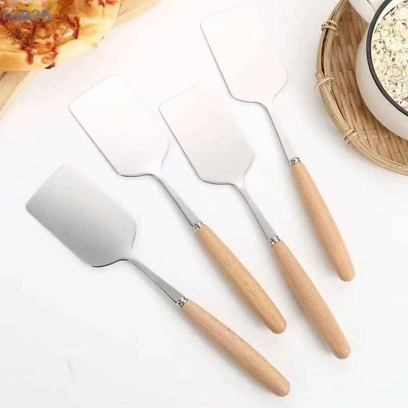 【AN】【AN】Stainless Steel Square Head Steak Cooking Spatula Wood Handle Pizza Shovel Pancake Beef Scraper BBQ Utensils For Kitchen