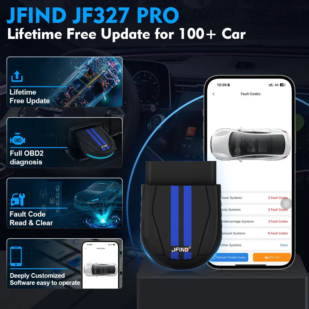 JFIND JF327 Pro OBD2 Scanner Bluetooth 5.1 PIC18F25K80 Chip untuk iOS/Android ELM327 Pembaca Kode Alat Diagnostik OBDII Pembaruan Gratis