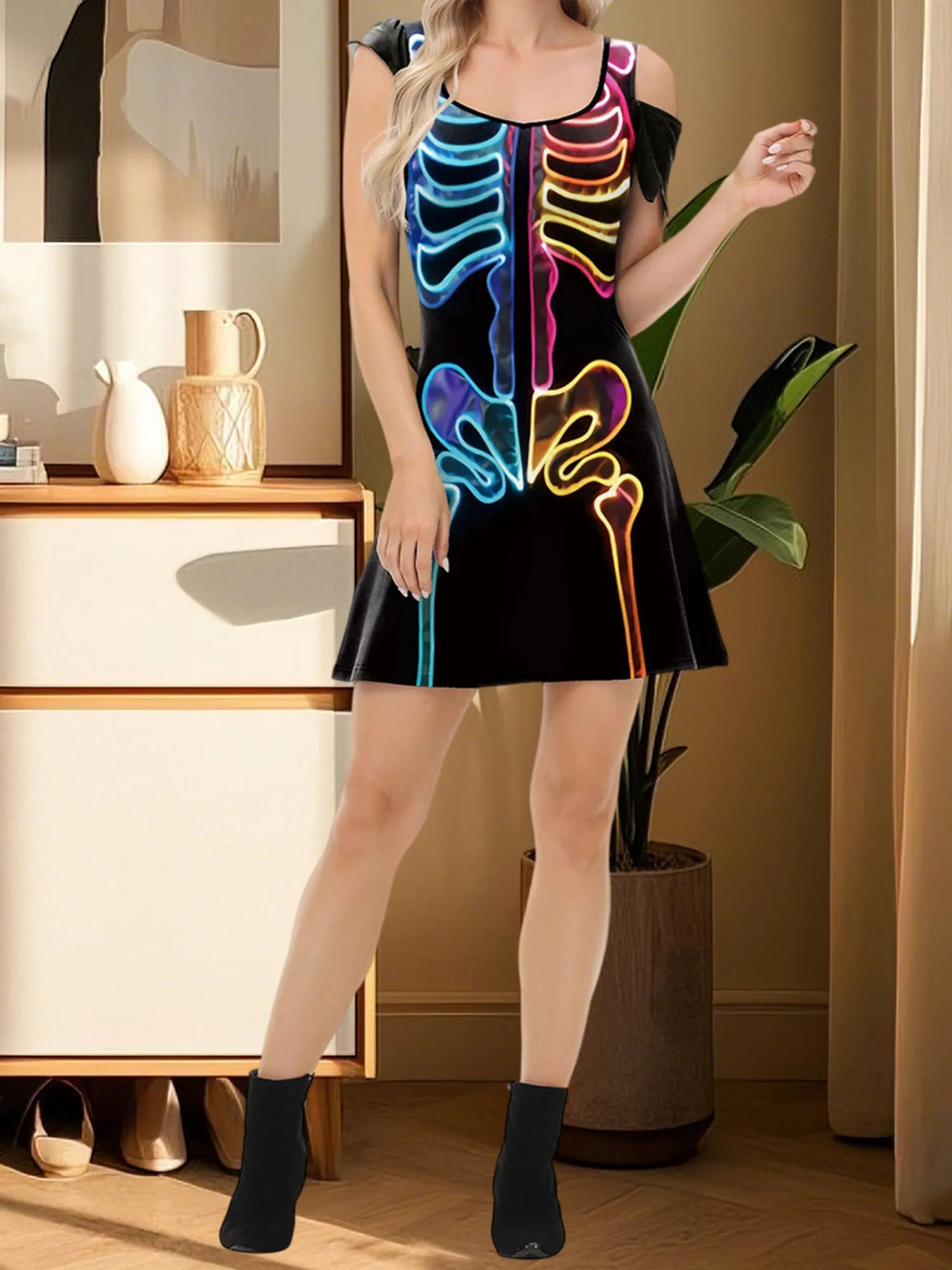 

Women s Halloween Skeleton Print Nightgown with Fit Scoop Neck One Cold Shoulder Cap Sleeve Mini Pajama Dress Casual