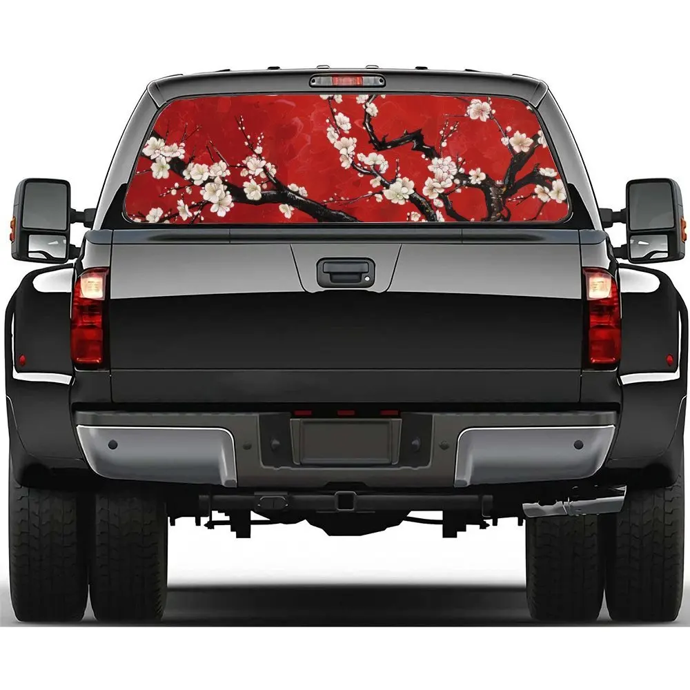 

Red Plum Blossoms in Elegant Scenes Car Accessories Rear Windshield Sticker, Truck Window See Through Perforated Window Car Viny