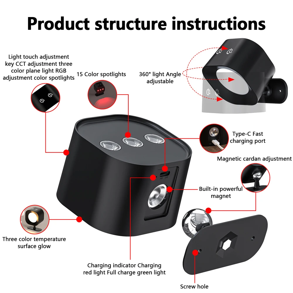 Luzes LED de parede com controle remoto USB recarregável, Dimmable RGB + 3 temperatura de cor, Lâmpada de parede magnética sem fio para quarto