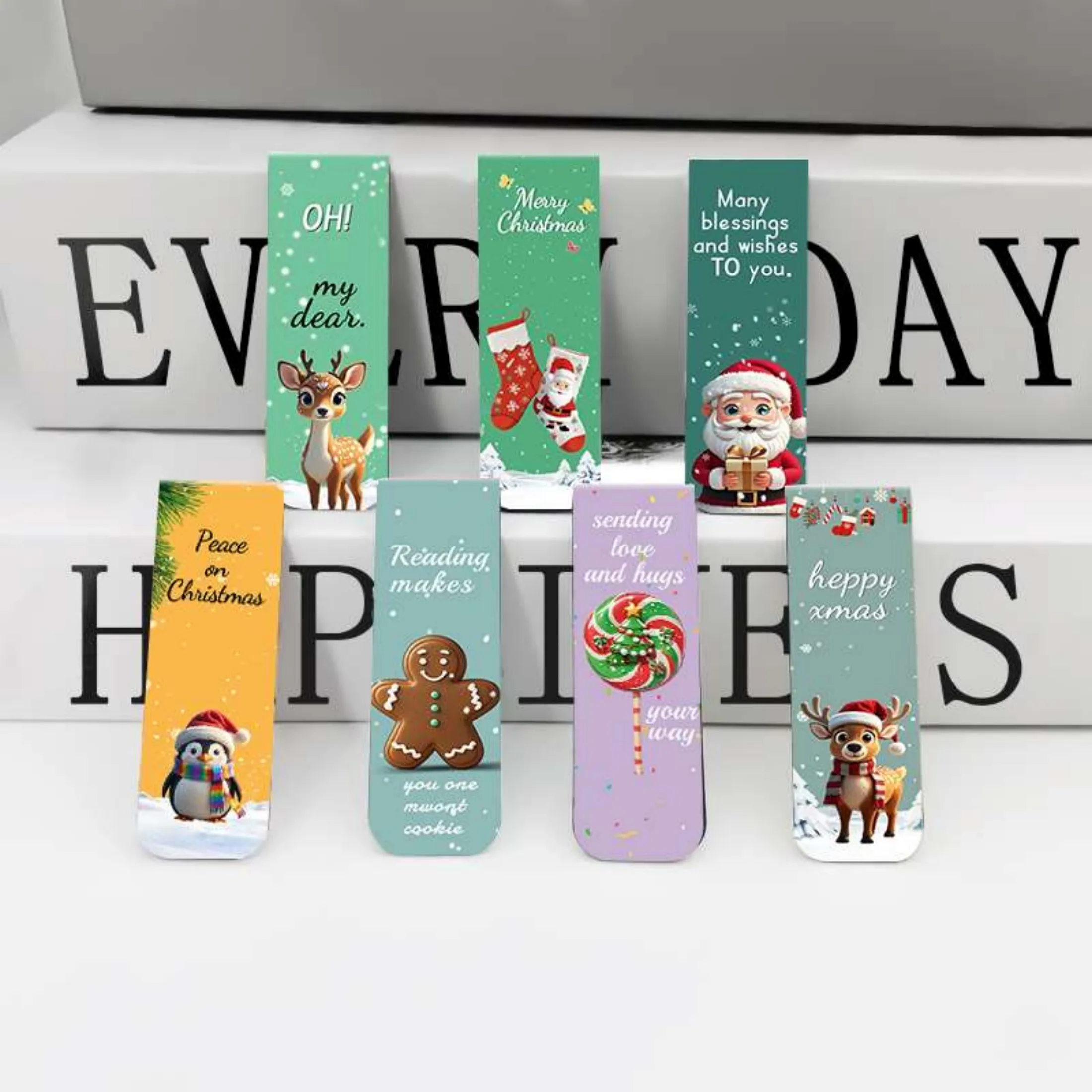 12pcs Polychrome Christmas Character Magnetic Bookmarks, Santa Claus Style, Festive Holiday Gift Tags for Students, Teachers, an