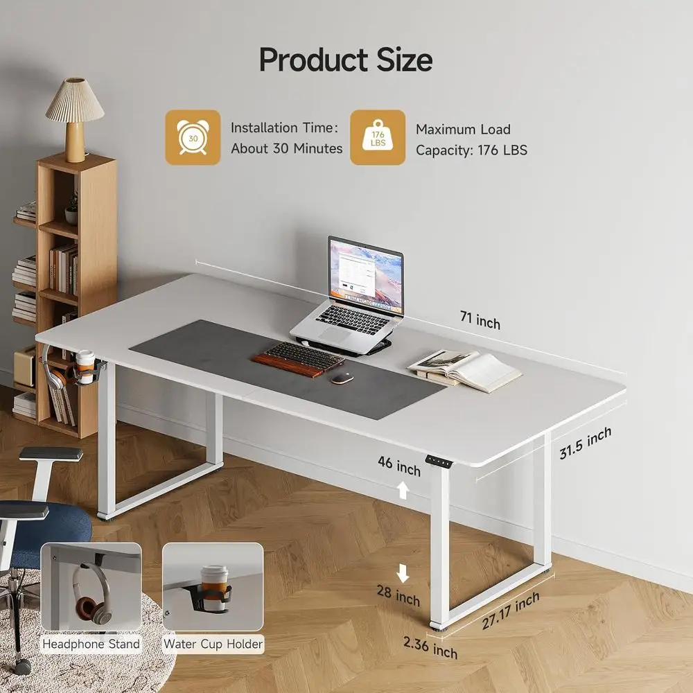 White 71x32 Dual Motor Standing Desk with Memory Controller, Adjustable Height 28-46 for Home Office