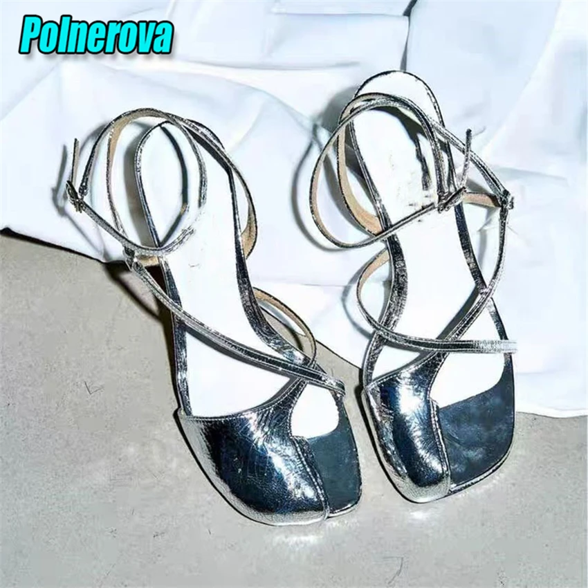 

Clip Toe Thick Heel Sandals for Women Silver Leather Cross Straps High Heels Summer Fashion Hollow Comfortable Casual Shoes