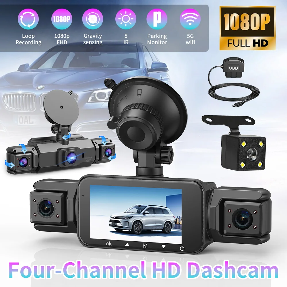 

4K 4-Channel Dash Cam 3" IPS Screen 360 View WiFi Front Rear Left Right Inside Car Camera with Night Vision, Loop Recording