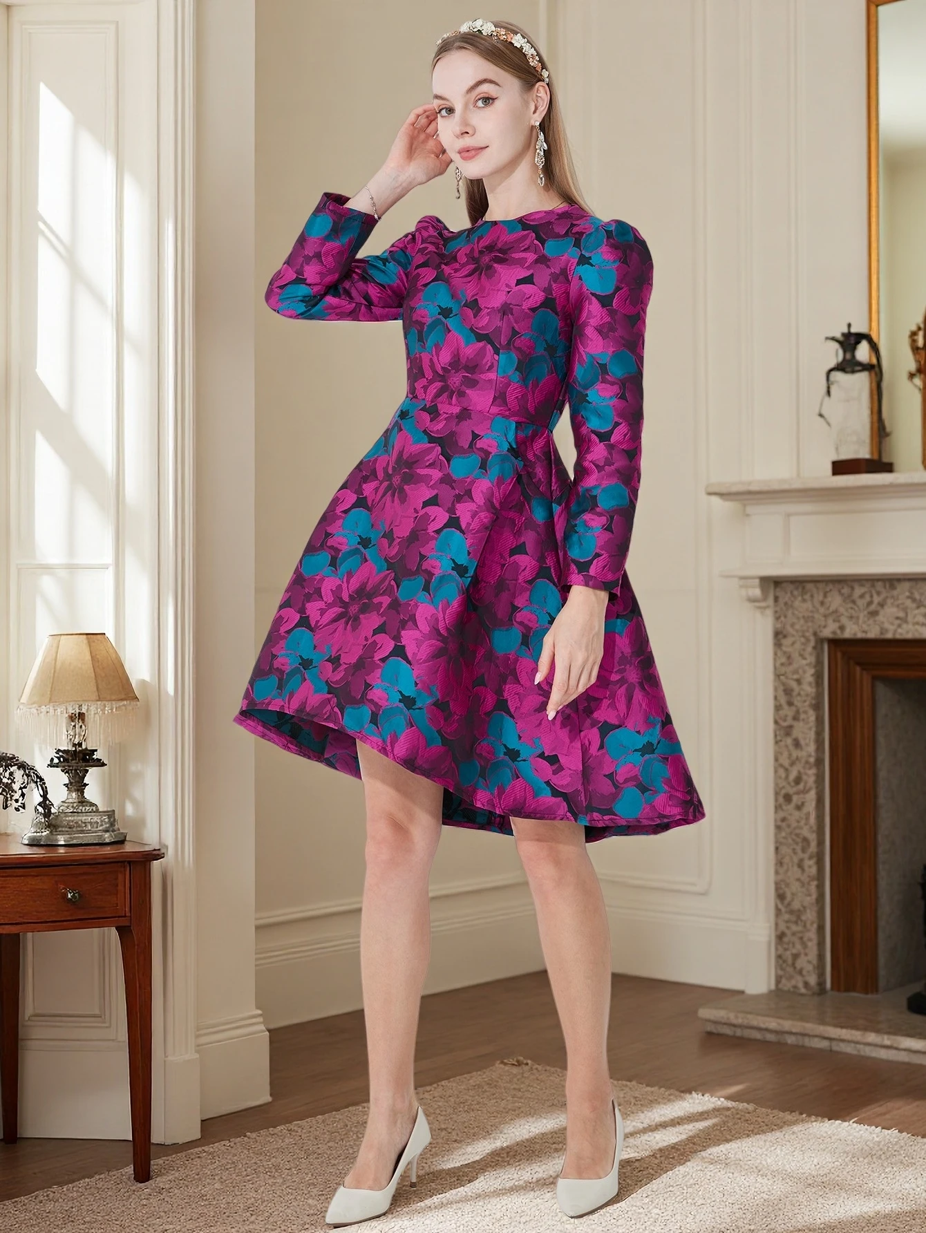 DEVCHATA High Quality Women long Sleeve Dress Elegant Boho Floral Jacquard Dress Fashion Party Autumn winter Dress