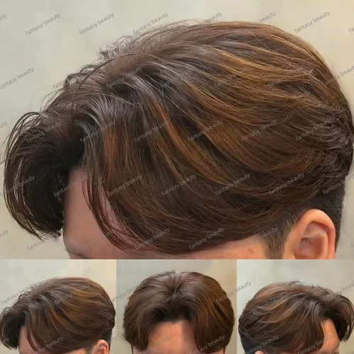 Imagen 2 del producto # 4 # 6 # 7 peluca masculina de pu de piel micro delgada marrón más claro línea de cabello Natural 100% cabello humano peluquín para hombres prótesis capilares de repuesto