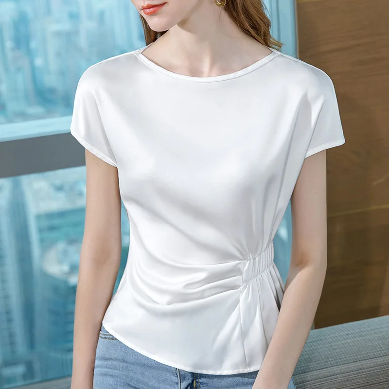 

Summer New Elegant Style Soft Lady Pullover T-Shirts Simple Casual Slim Solid Color Round Neck Women Short Sleeve Tops Clothing