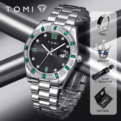 TOMI, 4 Uds., reloj de lujo para hombres de negocios, conjunto con caja de regalo, caja de diamantes de lujo, calendario, correa de acero inoxidable, reloj de cuarzo para hombres