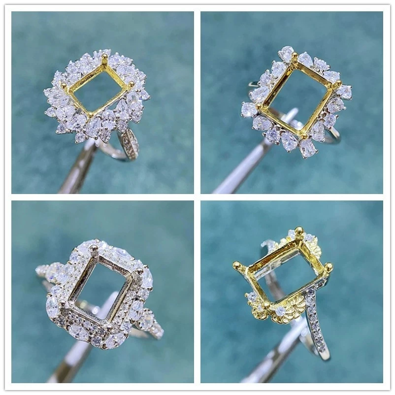 MeiBaPJ Inlay Rectangular 6*8/7*9/8*10mm Gemstone S925 Sterling DIY Empty Ring Holder Women Fine Weddings Crystal Charm Jewelry