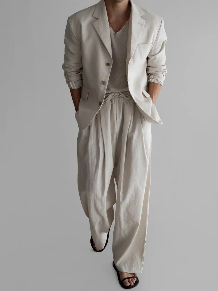 Loose Mens Ramie Blazers Outfits Single Breasted Suit Pant Sets Retro Casual Elastic Waist Drawstring Pants Matching Set Male