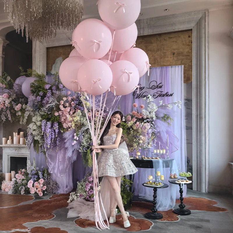 Balões Rosa com Laços, Laços de Fita de Cetim Rosa DIY, Balões de Látex Brancos Adequados para Festas de Aniversário com Tema de Laço, Chás Revelação, Chás de Panela, Decorações de Festa com Tema de Laço